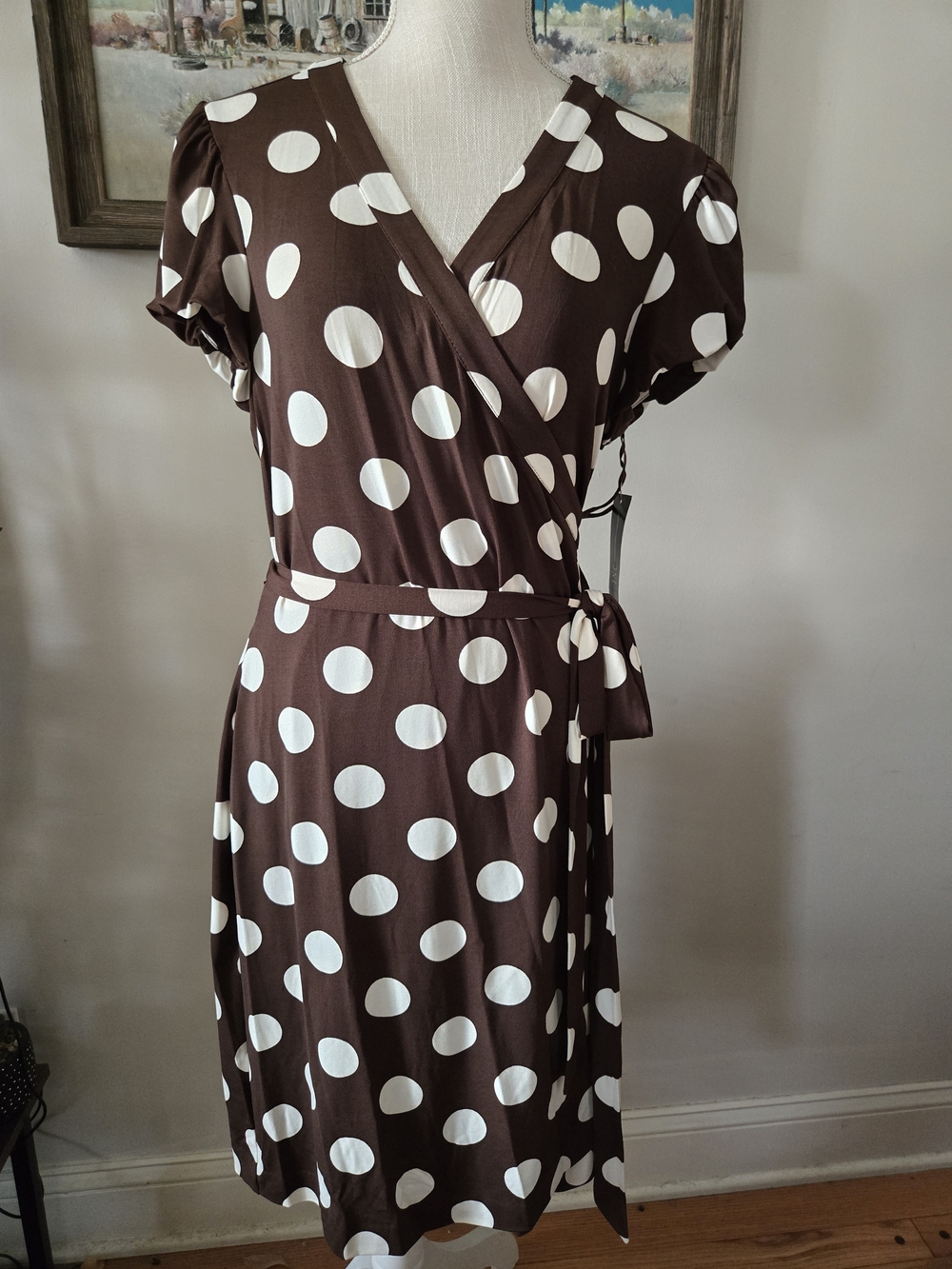 INC International Concepts Brown and White Polka Dot Wrap Midi Dress